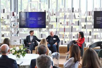 Three persons on a panel discussion at the SNF Agora Institute event.